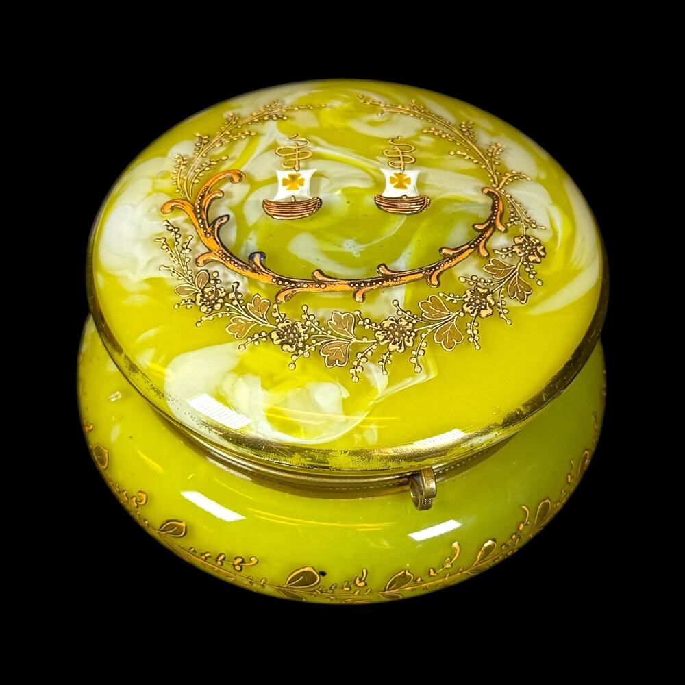 Antique Bohemian Yellow Art Glass Hand-Painted Enamel Hinged Trinket Jewelry Box